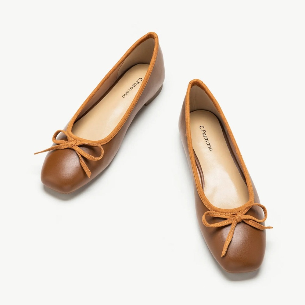 C.Paravano Ballet, Comfortable Slip On Square Toe, Bow Dressy Flats 6.5 Brown